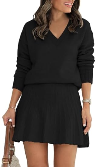 Womens 2 Piece Skirt Set Long Sleeve Fall Sweater Pleated Mini Skirt