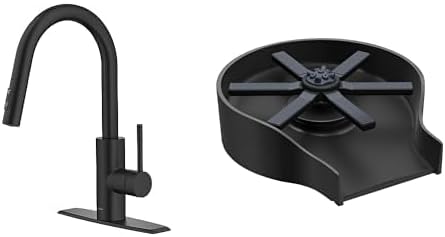KRAUS Oletto Single Handle Pull Down Kitchen Faucet with QuickDock Top Mount Installation Assembly in Matte Black, KPF-2620MB + KRAUS CleanMate Glass Rinser for Kitchen Sink in Matte Black, KGR-500MB