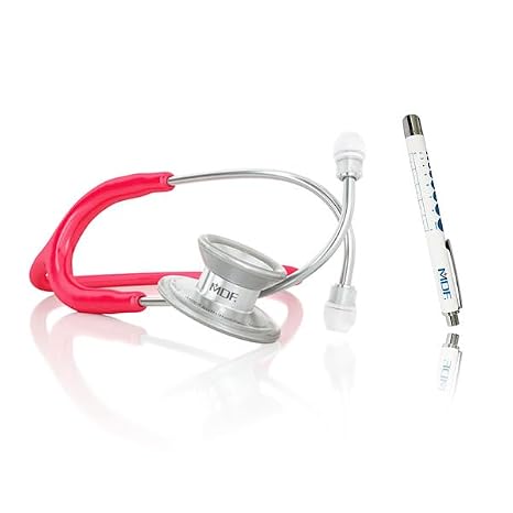 MDF Instruments MD One Epoch Lightweight Titanium Stethoscope, Adult, Raspberry Tube + LUMiNiX Medical Professional Penlight