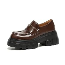 BEAU TODAY Platform Leather Loafers for Women, Chunky Lug Sole Loafers Women, Comfortable Slip-on Business Casual Non-Slip Round Toe Office Ladies Dress Shoes