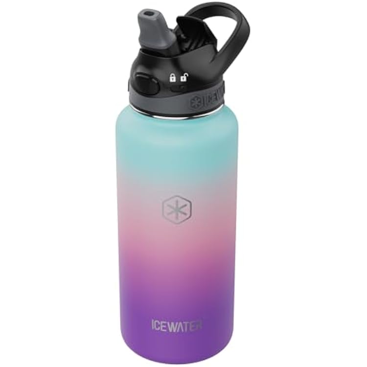 ICEWATER-32 oz Insulated Water Bottle With Straw and Carry Handle, Leakproof Lockable Lid with Soft Silicone Spout, One-hand Operation, Stainless Steel, BPA-Free 32 oz, Purple