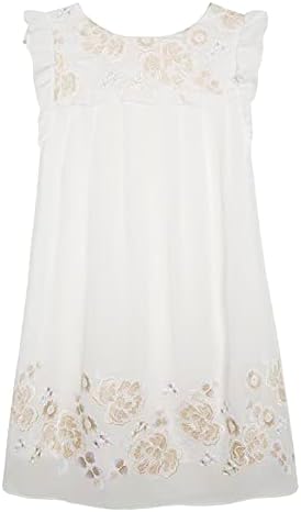 Mayoral Chic Girls Metallic Embroidered Floral Border Shift Dress - Special Occasion Social Party Wedding Flower Girl, Ecru, 18