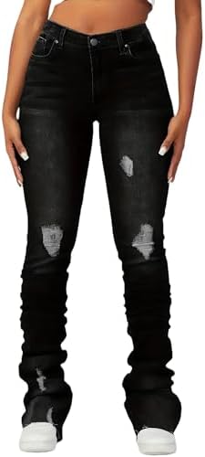 Women's Stacked Jeans Classic High Waisted Ripped Stretchy Bootcut Skinny Denim Pants Trousers with Pockets