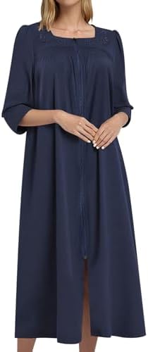 Bloggerlove Womens Zipper Robe 34 Sleeves Full Length House Dress Square Neck Housecoat Soft Cotton Nightgown with Pockets
