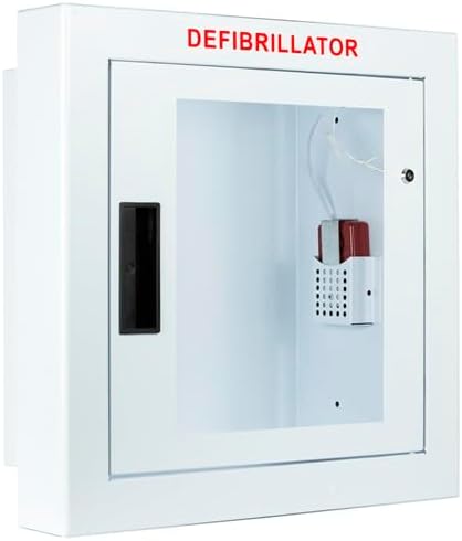 Semi-Recessed, Alarmed AED Cabinet, Large. Fits All Defibrillators on The Market. Measures 16" H x 17" L x 3.25" D. Essential Storage for Indoor AEDs.