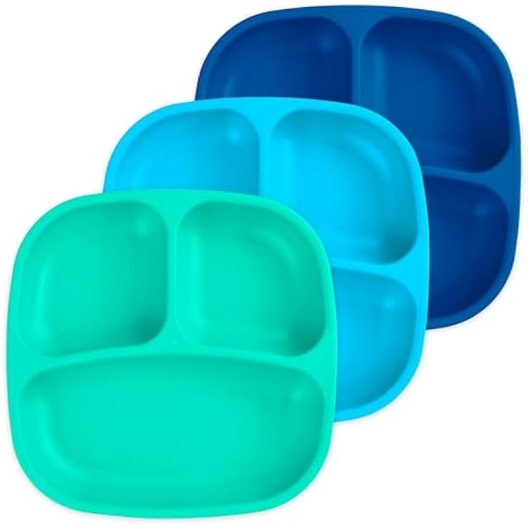 Re-Play Toddler Plates with Dividers - Deep-Walled 3 Compartments Divided Plates for Kids - Dishwasher & Microwave Safe - Made in USA - Set of 3-7.37 x 7.37 x 1.25 - A True Blue