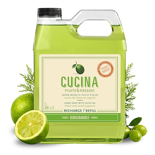 Cucina Fruits & Passion Hand Soap Refill, Lime Zest & Cypress, 1 L 33.8 fl oz, Liquid Hand Soap with Moisturizing Olive Oil, Biodegradable, Vegan Formula, Kitchen & Bathroom