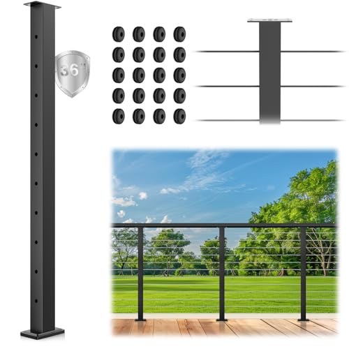 36 Cable Railing Post, Fixed Top Level Drilled Line Post with Cable Grommets, Stainless Steel Black Powder Coated Finish Handrail Post, Heavy-Duty Wire Railing Post for WoodConcrete Deck