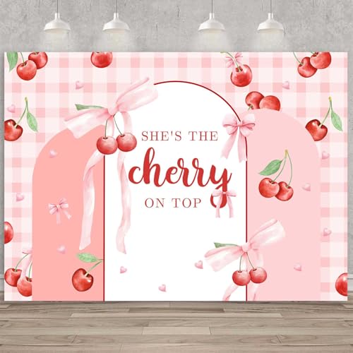 Sensfun Shes The Cherry on Top Baby Shower Backdrop Cherries Theme Bridal Shower Bachelorette Party Decorations Coquette Bow Cherry on Top Baby Girl Shower Birthday Banner Photo Props 6x4ft