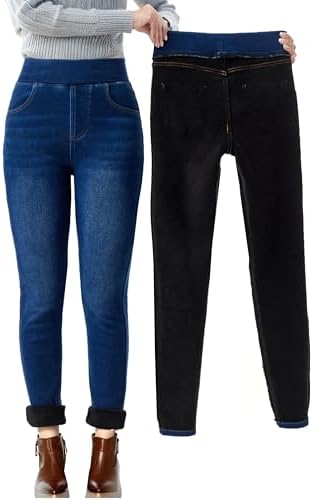 Yehopere Women's Fleece Lined Jeans Winter High Waist Pull On Skinny Denim Pants Thermal Flannel Lined Jeggings