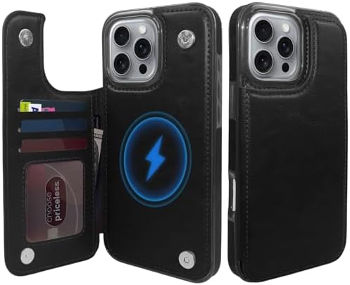 TopPerfekt Wallet Case for iPhone 16 Pro 6.3, Compatible with MagSafe, Dropproof Heavy Duty Tough Rugged Shockproof, Leather Card Holder Kickstand Protective Cover Magnetic Phone Flip Case-Black