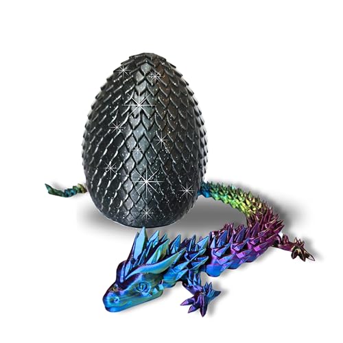 20 Articulated 3D Printed Dragon with Surprise Egg Flexible Fidget Toy for Kids & Teens, Dragon Egg Hunt Gift, Mythical Figurine Easter Basket Stuffer Rainbow with Black Egg