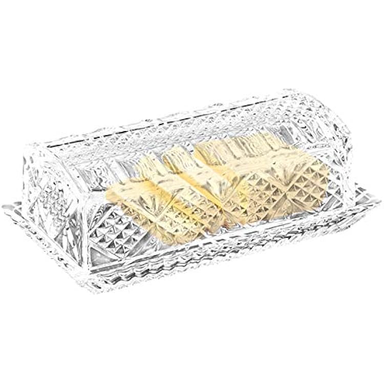 Large Deep Danish Crystal Covered Butter Dish Butter keeper Well Sealed to Keep Butter Soft Beautiful Decorative Design and Antique Look 7 x 3.75 x 2.75