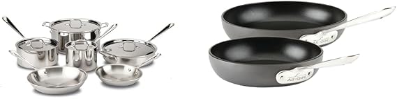All-Clad D3 3-Ply Stainless Steel Cookware Set 10 Piece Induction Oven Broil Safe 600F Pots and Pans & HA1 Hard Anodized Nonstick 2 Piece Fry Pan Set 8, 10 Inch Induction Pots and Pans, Cookware Black
