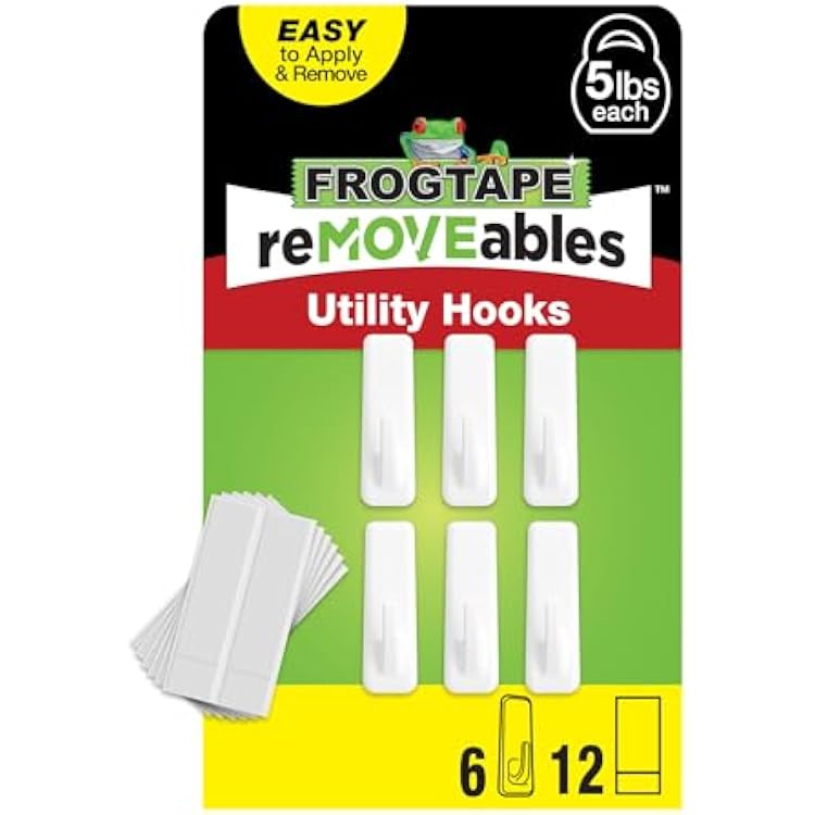 FrogTape reMOVEables Utility Wall Hook Damage Free - 6 Reusable Hooks & 12 Adhesive Strips - Holds up to 5 lbs - Removable Adhesive Large Utility Wall Hooks for Hanging - No Nails - White Pack of 6