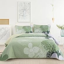 Yiran Sage Green Full Size Quilt, Floral Bedspread Bedding Set, 3 Pieces Botanical Soft Lightweight Microfiber Coverlet with 2 Pillow Shams for All Season 78x90 Inch