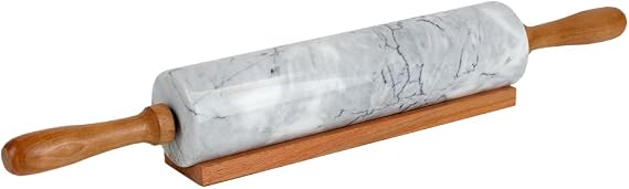 Home Basics White Marble Stone Rolling Pin with Easy Grip Wood Handles and Wooden Cradle Display Stand Heavy & Solid for Baking Bakery Donuts Cookie Pasta Pie Dough Pastry Fondant Chefs