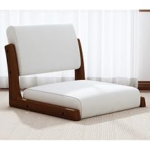 Wooden Portable Floor Chair, Japanese Style Legless Tatami Chair with Back Support, Home Bay Window Lazy Chair, Meditation Floor Seating for Living Room, Bedroom, Walnut, Off White Tech Fabric