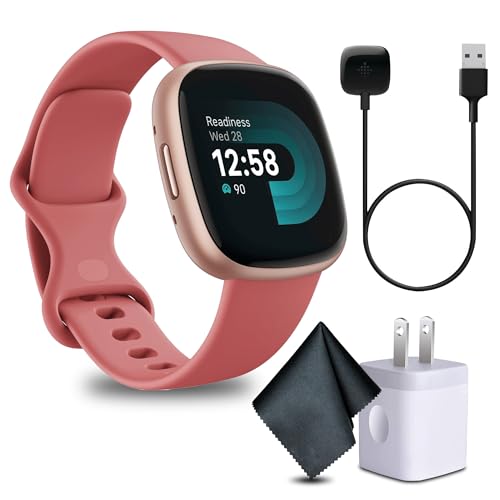 Fitbit 2 Pack Versa 4 Fitness Smartwatch with Daily Readiness, GPS, 247 Heart Rate, 40 Exercise Modes, Fit Bit Smart Watch Pink SandCopper Rose Bundle with Cleaning Cloth and Charger