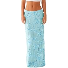 Women Y2k Sequin Long Skirt Bead Floral Embroidery Maxi Skirt Low Waist Rhinestone Glitter Bodycon Club Skirt