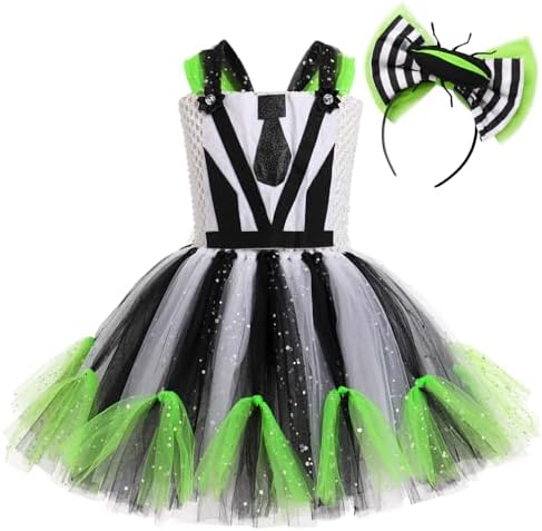 OBEEII Kids Girls Halloween Costume Black White Stripe Tulle Tutu Dress with Headband Set Carnival Fancy Dress