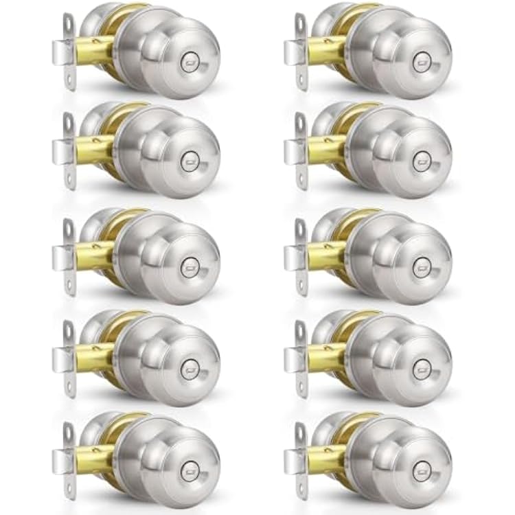 Estmoon 10 Pack Home Improvement BedBath Room Door Knobs, Brushed Nickel Privacy Door Handle with Lock Silver Knobs with Lock for Bathroom Bedroom, Interior Doors Locksets