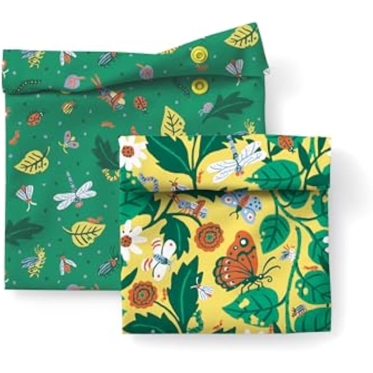 Esembly Snack  Sammy Pouches - Reusable Snack & Sandwich Bags| Storage Bag for Food - Set of 2 - In the Garden  Crawlers