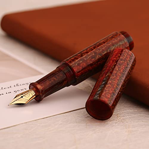 Asvine Majohn Wancai Mini Fountain Pen, Iridium Fine Nib Brown Acrylic Travel Pocket Pen, short Size Eyedropper Ink Bottle Filling with 6 Black Cartridges Set
