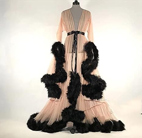 Women Sexye Lingerie Robe for, Maxi Skirt, Tulle Boudoir Robe, Bathrobe Sleepwear with Belt, Floor Length Dress