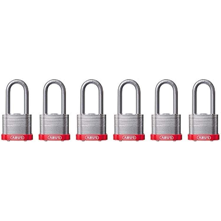 ABUS 4140 Laminated Steel Safety Padlock Red Bumper Keyed Different, Long 2 Shackle, Pack of 6