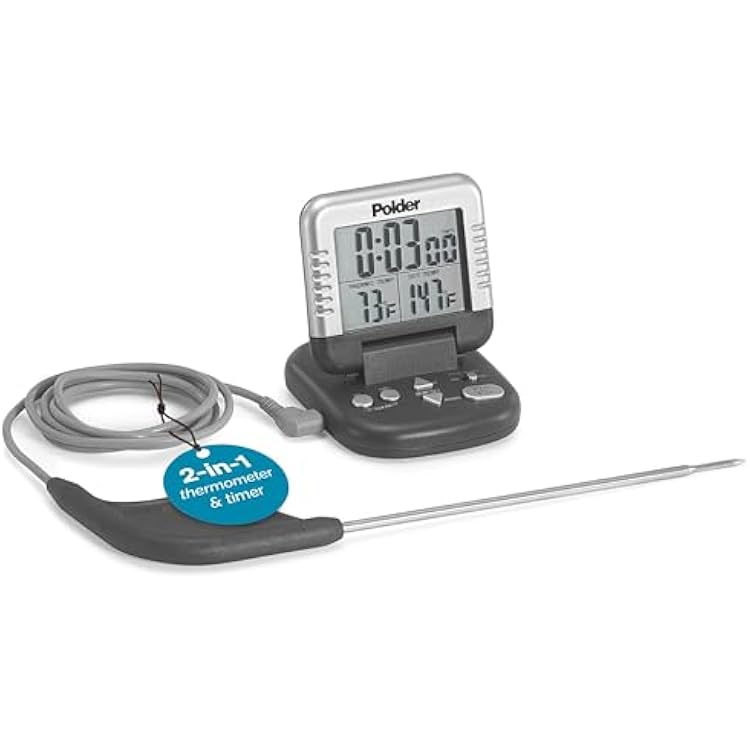 Polder Classic Digital Thermometer and Timer, Meat Thermometer for Cooking, Stainless Steel Probe, 24-Hour Countdown Timer with 40 Long, High-Heat Silicone Cord