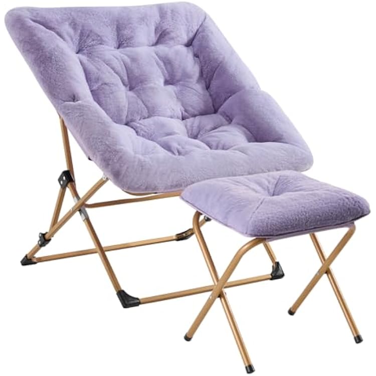 OAKHAM Comfy Chair for Adults, Soft Faux Fur Folding Lounge for Bedroom Living Room Dorm Rooms Flexible Reading Chair for Teens Kids, X-Large Foldable Ottoman-Lavender