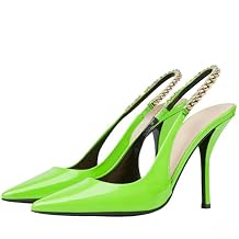Slingback Stiletto High Heeled Sandals for Women, Closed Pointed Toe Glossy Backless Pumps with Chains Strappy Fashion Sexy Slip on Dressy Shoes