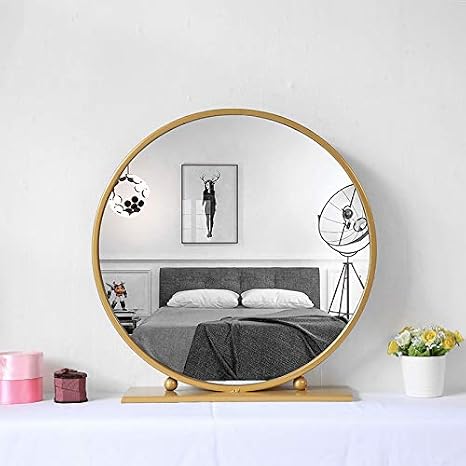 Gold Round Mirror with Base,Large Circle Mirrors for Dressing Table Decor,23.6in Big Metal Frame Standing Mirror,Modern Vanity Mirror for Living Room Bathroom Bedroom