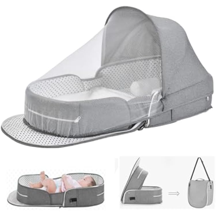 Baby Travel Bassinet Portable Bassinets, Foldable Carry Bag Bassinet Travel Crib, Lightweight Baby Lounger Pod Infant Bed with 2-1 Mosquito & Canopy Grey