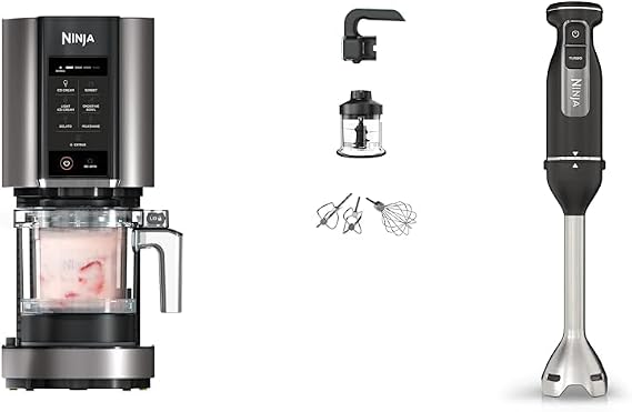Ninja CREAMi Ice Cream Maker & Frozen Dessert Maker with 3 Tubs, 7 Programs, Makes Ice Cream & Foodi 3-in-1 Hand Blender, Hand Mixer & Chopper, Food Processor with 3 Attachments