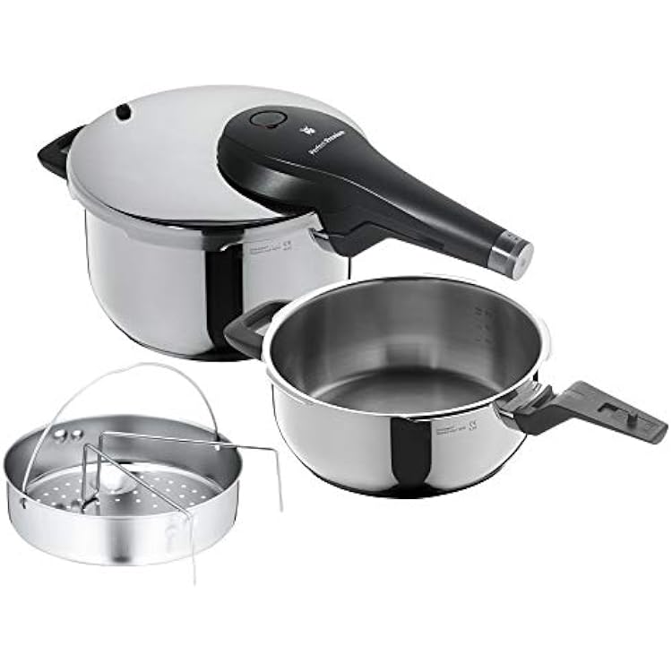 WMF Cromargan Stainless Steel Perfect Premium 2-Piece Pressure Cooker 4.5 L & 3,0l with Insert Polished 2 Cooking Levels Single-handed Pressure Regulator, Dishwasher Safe, Diameter 22 cm Suitable for Induction, Stainless Steel, Silver, 2 Units