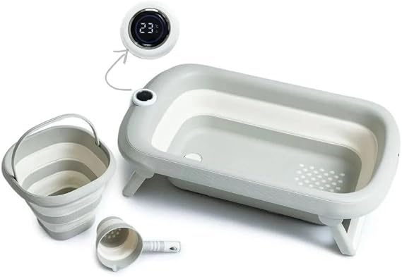 Baby Plus 3-Piece Foldable Baby Bath Set with Integrated Thermometer, 45L Space-Saving Collapsible Tub, Includes 10L Bucket and 1L Scoop, Newborn to Toddler, BPA-Free