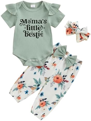 Mamas Little Bestie Baby Girl Outfit Newborn Short Sleeve Romper Floral Pants Outfits Headband 3Pcs Clothing Set