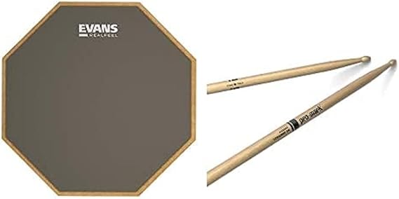 Evans Realfeel 1-Sided Practice Pad, 12 Inch & Promark American Hickory Classic 5A Drumsticks, Single Pair
