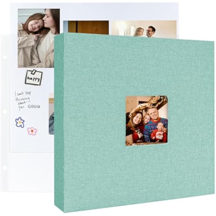3 Ring Binder 12x12 Inch Large Scrapbook Photo Album, Linen Cover Scrap Book with 30 Plastic Sleeves 60 Pages 12 x 12 Scrapbooks White Pages for Wedding Couples Baby Travel Women kids Cyan Blue