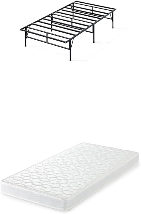 Zinus Metal Bed Frame, Easy to Assemble, SmartBase, No Tools Required, Black + 5.9 inches 15 cm, Basic Pocket Coil Mattress, White, Single, Soundproofing, Pipes, Storage Space, Tools Included, Easy to Assemble