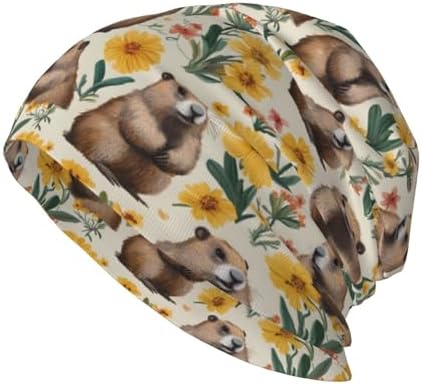 Cute Capybara Flowers Retro Beanie Chemo Cancer Headwear Hats for Women Men Slouchy Beanies Skull Cap Turban Black