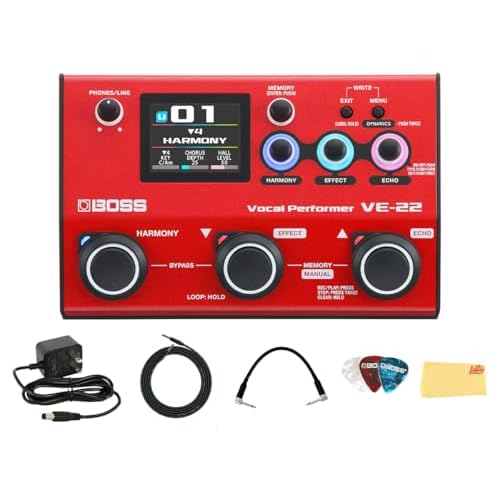 Boss VE-22 Vocal Performer Pedal Bundle with Power Supply, Cables, Picks, and Austin Bazaar Polishing Cloth