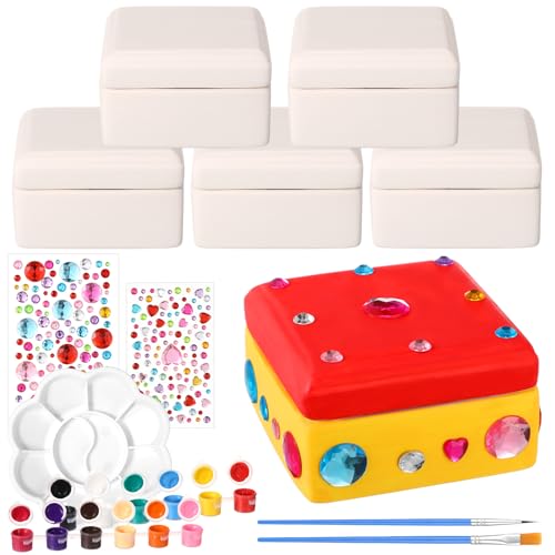 Teenyyou 14 Pcs Paint Your Own Ceramic Jewelry Boxes Craft Set Include 6 Unpainted Jewelry Storage Organizer 2 Strips of Paints with 2 Brushes 1 Palette 3 Diamond StickersUnfinished Square
