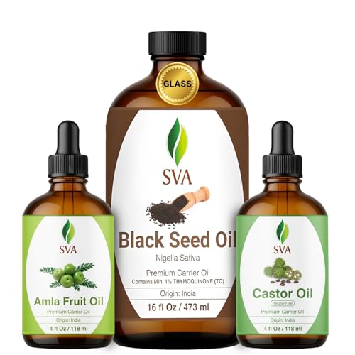 SVA Black Seed16 oz, Amla 4 oz, and Castor Oil 4 oz Bundle Super Saver Combo Premium Grade Value Set for Hair Oiling, Scalp Massage, Hair Care, Skin Care and Body Massage