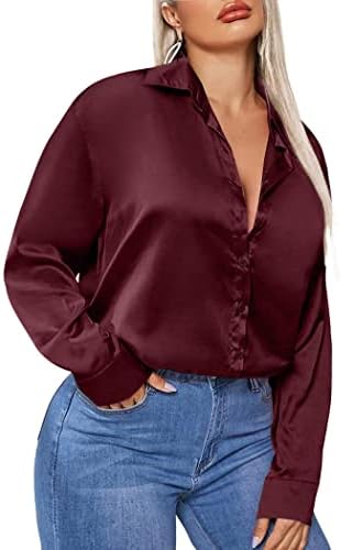 INVOLAND Plus Size Satin Blouse Long Sleeve Button Down Silk Shirt Casual Work Business Formal Blouses Tops Wine Red