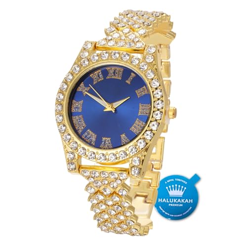 Halukakah Diamonds Gold Watch Iced Out,Womens 18K Real GoldPlatinum White Gold Plated 36MM Width GreenBlueRed Dial Quartz Wristband 8 with Cuban Link Chain 716 Necklace Bracelet,Free Giftbox