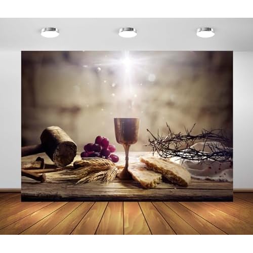 BELECO 10x6.5ft Fabric Holy Communion Backdrop Last Supper of Jesus with Passion, Communion and Calvary - Holy Grail and Bread with Crown of Thorns Background Church Decor Banner Photo Studio Props