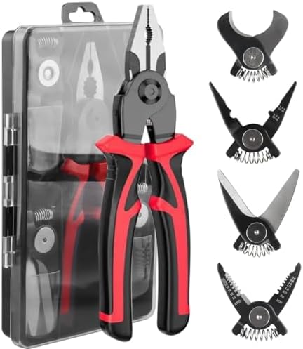 5-in-1 Multi-Purpose Pliers with Interchangeable Heads, Combination Interchangeable Pliers Kit, Wire Stripper, Wire Crimper, Linesman Pliers, Cable Cutter, Electricians Scissor with Storage Case